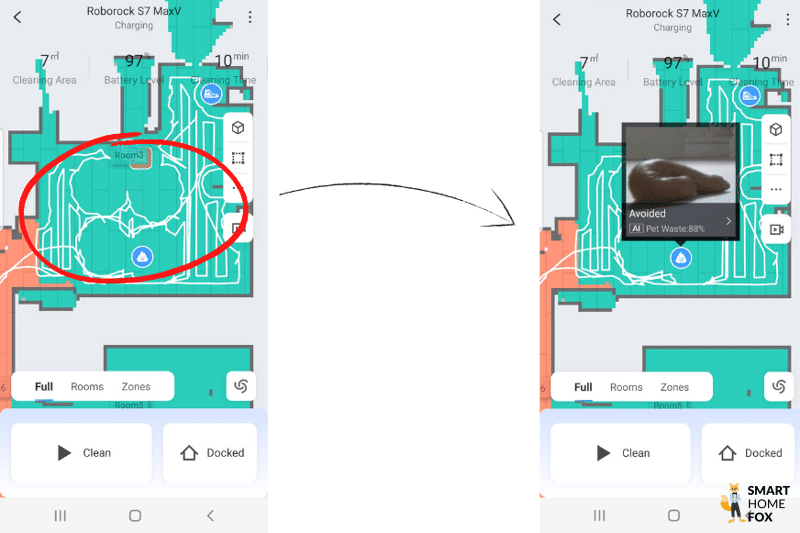 Durch den Roborock S7 MaxV als Hindernisse erkannte Hundehaufen sind in der Wohnungskarte eingezeichnet